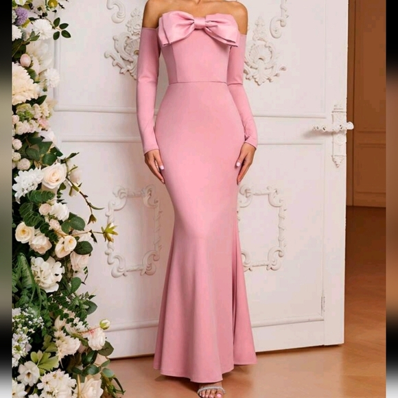 Dresses & Skirts - Elegant RomanticPink Stretch Knit Fabric Three-Dimensional Bow Off-Shoulder Dres